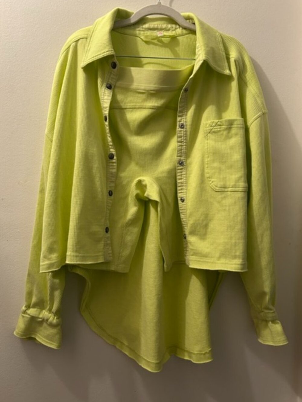 Free People Movement FP Lime Green Ribbed Snap Front Oversized Top and Shorts